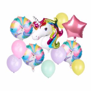 Set 15 Baloane Unicorn Folie și Latex Decor Petrecere Fete Set complet de 15 baloane pentru petreceri fete cu tematica unicorn. Pachetul ilustreaza un cap de unicorn gigant din folie cu coama curcubeu