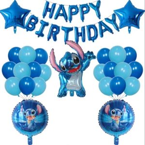 Set 25 baloane folie si latex cu banner Happy Birthday - Stitch