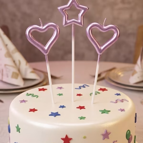 Set 3 Lumânări Tort Inimi și Stea Roz Metalizat 3D – Contur Minimalist Set de 3 lumanari pentru tort cu design minimalist 3D roz metalizat