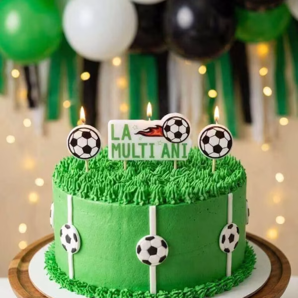 Set 3 Lumanari Tort Fotbal Mingi si La Multi Ani Set 3 lumanari tort fotbal pentru o petrecere de campioni si un decor aniversar sportiv