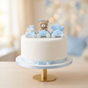 Set 3 Toppere Tort Trenuleț 3D cu Ursuleț Albastru – Decor Botez Băiețel Un tort alb