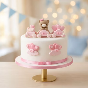 Set 3 Toppere Tort Trenuleț 3D cu Ursuleț Roz – Decor Botez Fetițe Un tort alb elegant