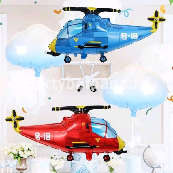 Set 4 Baloane Folie Tematică Aviație – 2 Elicoptere Gigant (RoșuAlbastru) și 2 Nori
