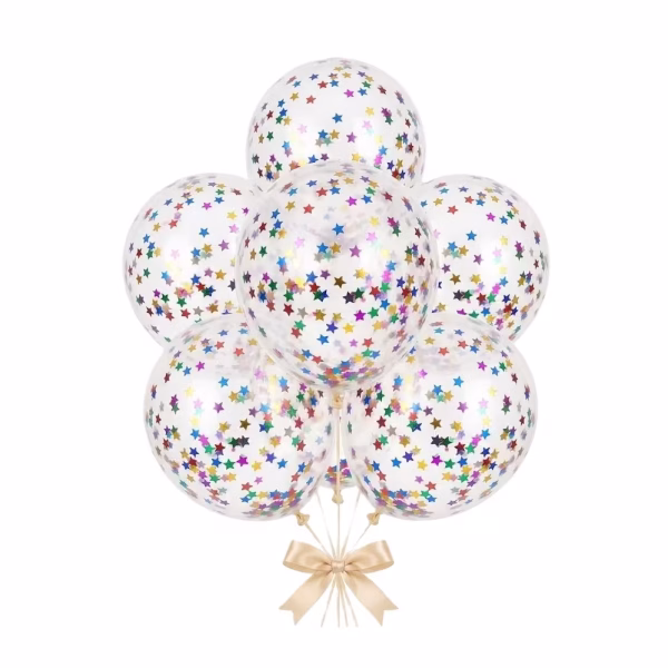 Set 5 Baloane Transparente cu Confetti Steluțe Multicolor 30 cm Un buchet format din baloane din latex transparent de 30 cm