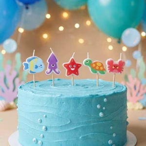 Set 5 Lumânări Tort Animale Marine (3-4 cm) Decor Tematică Ocean Tort aniversar albastru decorat cu un model de valuri din crema si perle albe ce imita bulele de aer. Pe tort sunt fixate 5 lumanari din ceara sub forma de animale marine simpatice