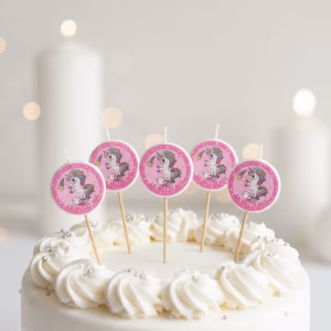 Set 5 Lumânări Tort Unicorn Roz La Mulți Ani (3x7 cm) Decor Aniversare Fete Tort aniversar alb elegant