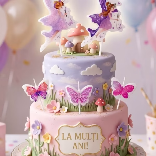 Set 5 Lumânări Tort Zâne și Fluturi – Decor Magic (11 cm 7 cm) Set de 5 lumanari pentru tort cu tematica magie. Pachetul contine 2 lumanari zane (11x5 cm) si 3 lumanari fluturi (7x4 cm) in culori pastelate mov si roz