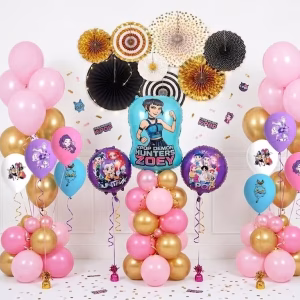 Set 64 Piese Baloane Latex si Folie Roz Fucsia Auriu (K-Pop Demon Hunters Zoey) Set complet decoratiuni 64 piese K-Pop