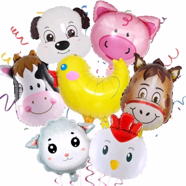 Set 7 Baloane Folie Animale Fermă – Decor Petrecere Copii Un set vesel de 7 baloane din folie în formă de animale de fermă