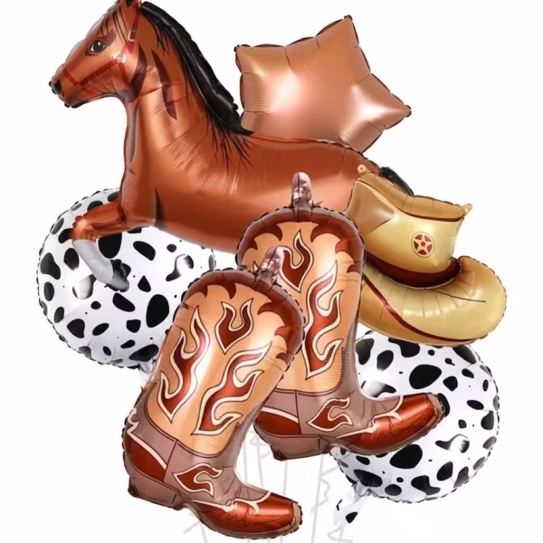 Set 7 Baloane Folie Cowboy și Cal Gigant – Decor Petrecere Vestul Sălbatic Un set de 7 baloane din folie pentru o petrecere tematică Vestul Sălbatic. Setul include un cal maro gigant