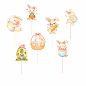 Set 7 Toppere Paște – Iepurași și Ouă Pastelate pe Băț Decor Prăjituri Set de 7 toppere din carton pentru Paste. Figurine intre 7 si 9 cm ilustrand in stil acuarela iepurasi dragalasi