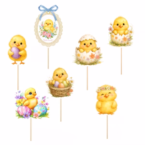 Set 7 Toppere Paște – Puișori Pufoși și Mesaj pe Băț Decor Prăjituri Set de 7 toppere din carton pentru Paste. Figurine intre 7 si 9 cm ilustrand puisori galbeni in oua colorate