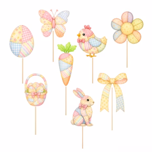 Set 8 Toppere Paște Design Patchwork pe Băț Decor Prăjituri Set de 8 toppere din carton pentru Paste