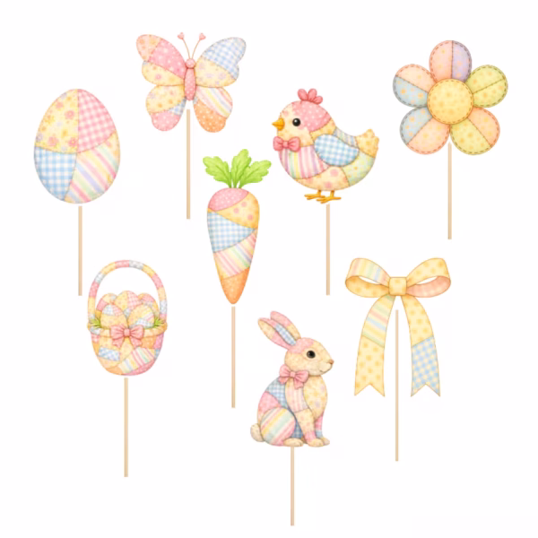 Set 8 Toppere Paște Design Patchwork pe Băț Decor Prăjituri Set de 8 toppere din carton pentru Paste