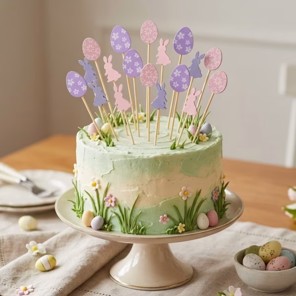 Set de 8 toppere decorative pentru deserturi de Paște, realizate din lemn, ilustrând iepurași și ouă vopsite în nuanțe pastelate de lila, roz și alb, montate pe bețe din bambus