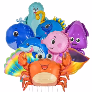 Set 9 Baloane Folie Animale Marine – Tematică Ocean și Pești. Un set format din 9 baloane din folie reprezentând animale marine viu colorate
