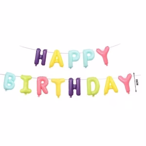 Set Baloane Litere Happy Birthday Pastel (35 cm) Banner Aniversar Ghirlanda din baloane folie metalizata pentru petreceri aniversare. Imaginea prezinta mesajul Happy Birthday format din 13 litere individuale cu inaltimea de 35 cm