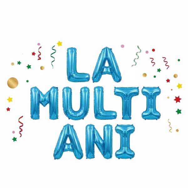 Set Baloane Litere La Mulți Ani Albastru Pastel (35 cm) Banner Folie Ghirlanda din baloane folie metalizata pentru petreceri aniversare. Imaginea prezinta mesajul in limba romana La Multi Ani