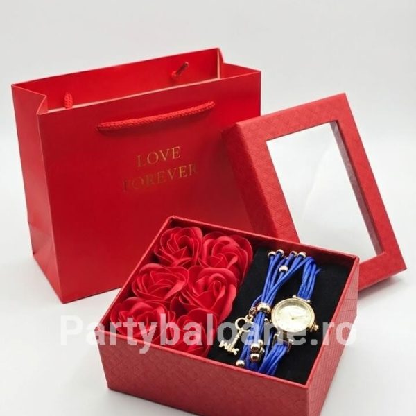 Set Cadou Premium Ceas Elegant Albastru de Damă și Trandafiri de Săpun Parfumați (Include Pungă Cadou)