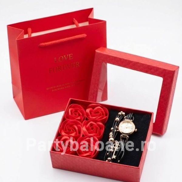 Set Cadou Premium Ceas Elegant Negru de Damă și Trandafiri de Săpun Parfumați (Include Pungă Cadou)