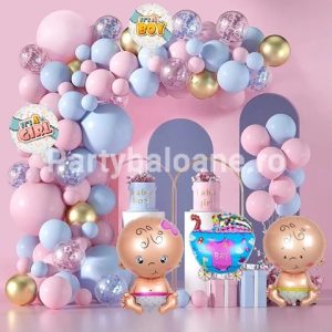 SET ARANJAMENT BALOANE - GENDER REVEAL BOY OR GIRL CU CARUCIOR SI BEBELUSI