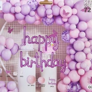 Set aranjament baloane in nuante de mov si roz macarons cu banner Happy Birthday