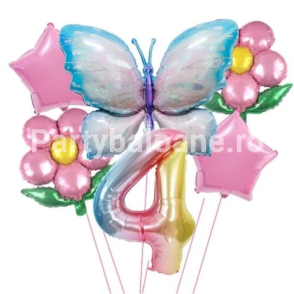 Set baloane aniversare cu numere, din folie de aluminiu, 6 piese, 2 flori, 2 stelute, 1 fluture, 1 cifra, Multicolor, Cifra 4