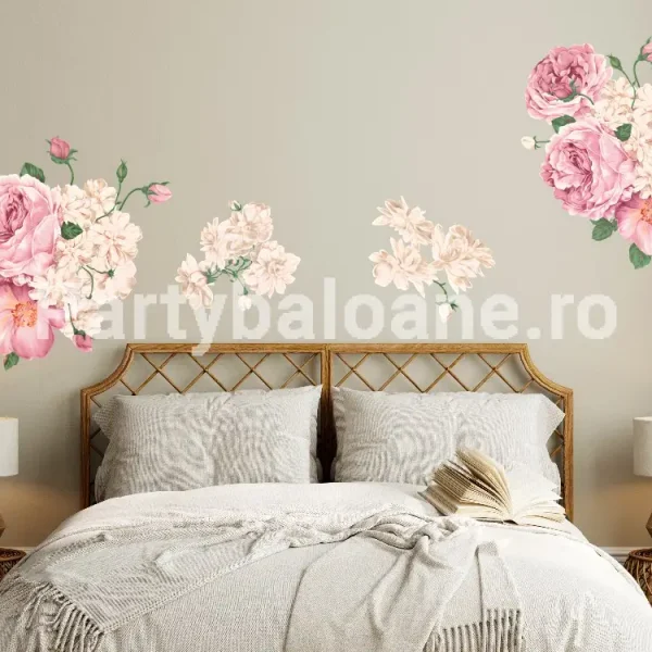 Sticker Decorativ Perete Bujori Roz Romantici – Autocolant Floral Mare