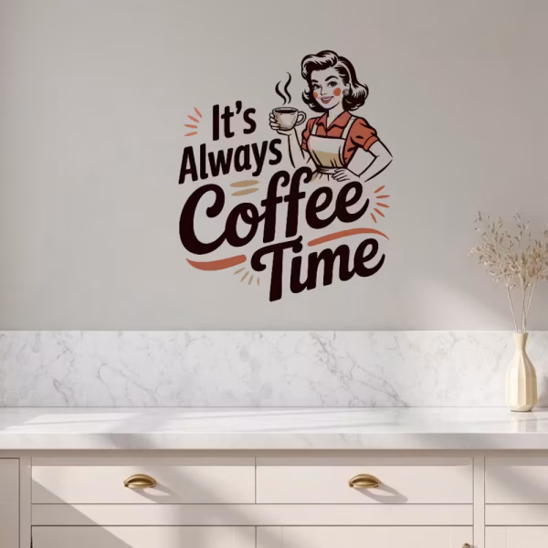 Sticker Perete Coffee Time (It's Always Coffee Time) – Decor Bucătărie 30x27 cm (COD 542B) Un sticker de perete cu mesajul It's Always Coffee Time și ilustrația retro a unei femei savurând o ceașcă de cafea