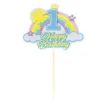 Topper Tort Happy Birthday Cifra 1 Curcubeu Albastru (Baby Blue / Bleu Pastel) Un topper decorativ din carton pentru tort