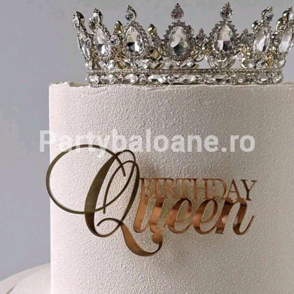 Topper Tort Birthday Queen Auriu (Plexiglass) 10x7 cm Un topper decorativ elegant pentru tort din plexiglass auriu oglinda