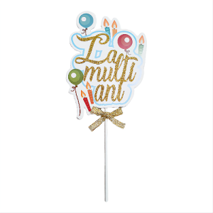 Topper Tort La Multi Ani Baloane si Lumanari (Auriu) 18 cm Un topper decorativ din carton premium pentru tort