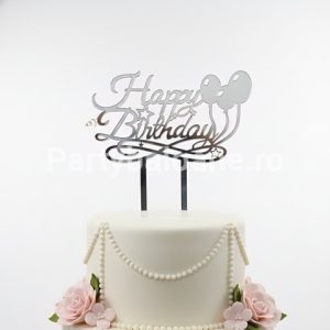 Topper Tort Happy Birthday Argintiu cu Baloane