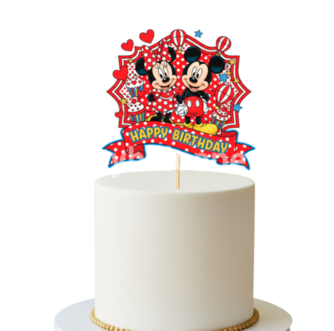 Topper Tort Happy Birthday Minnie si Mickey Rosu (Buline Albe) 14 x 13 cm Un topper decorativ din carton pentru tortul copiilor