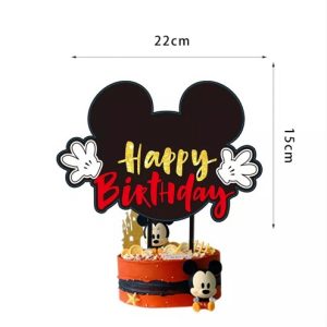 Topper Tort Mickey Mouse Happy Birthday (Carton) 15x14 cm Un topper decorativ din carton pentru torturi cu tematica Mickey Mouse. Topperul are forma siluetei negre a capului lui Mickey