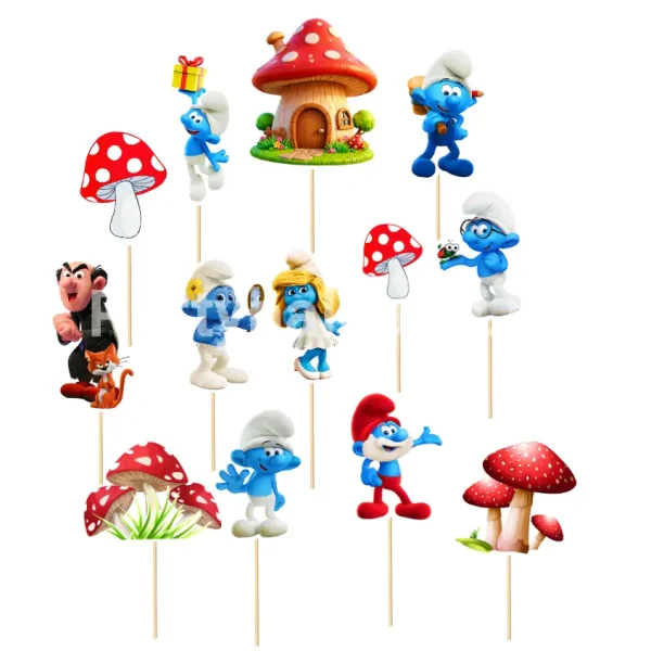 Set 13 Toppere Tort Strumfi si Ciupercute (Carton) 6-14 cm Un set masiv de 13 toppere din carton pentru decorarea tortului cu tematica Strumfii. Imaginea prezinta decupajele montate pe tije de bambus