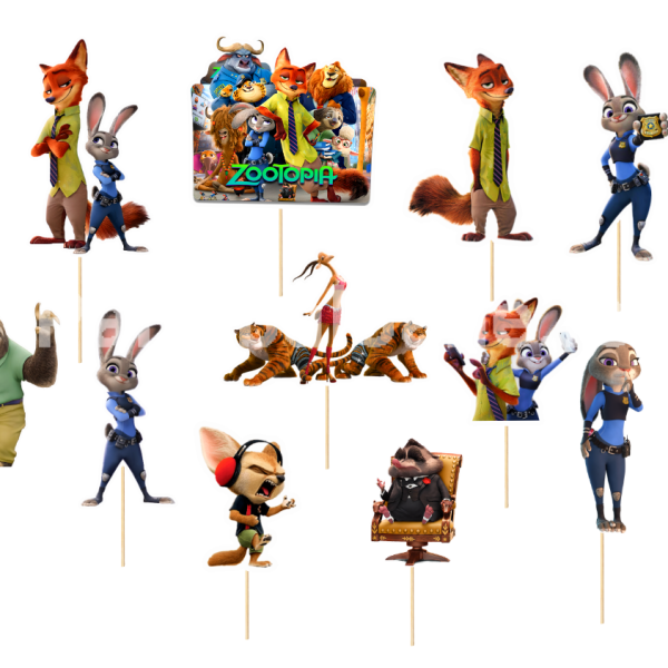 Set Toppere Tort Zootopia (11 Piese Carton) Judy si Nick 6 - 14 cm Un set format din 11 toppere decorative din carton pentru tortul copiilor