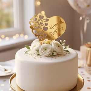 Topper Tort Happy Birthday Inimă – Auriu