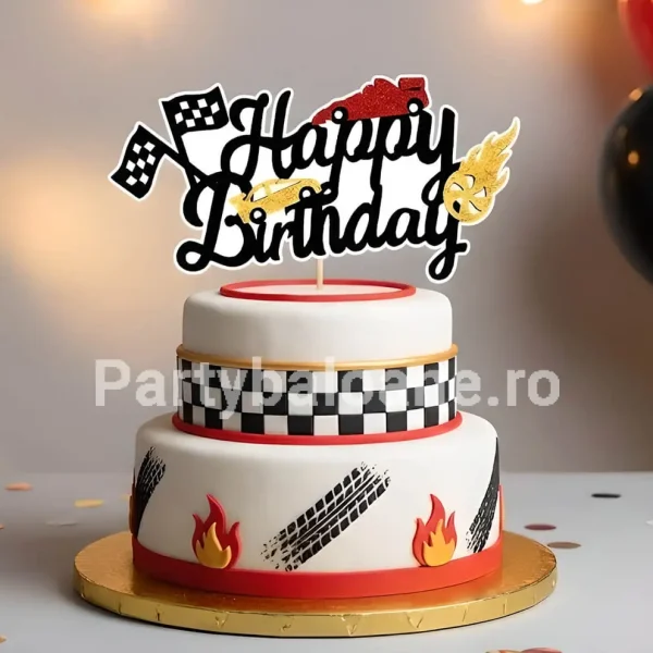 Topper Tort Happy Birthday Mașini de Curse Topper decorativ pentru tort cu mesajul Happy Birthday din carton glitter negru rosu si auriu cu masina de curse steaguri finish si flacari pe bat de bambus