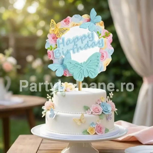 Topper Tort Happy Birthday Rotund cu Fluturi Albaștri și Trandafiri Pastel – Decor Elegant 14x13 cm Topper decorativ rotund pentru tort cu mesajul Happy Birthday albastru inconjurat de coronita de trandafiri pastel si trei fluturi dintre care unul albastru cu glitter