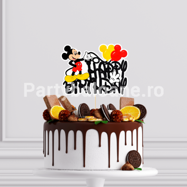 Topper Tort Mickey Mouse Happy Birthday (Carton) 14x11 cm Un topper decorativ din carton pentru tort cu tematica Disney Mickey Mouse. Topperul are mesajul Happy Birthday scris cu litere negre