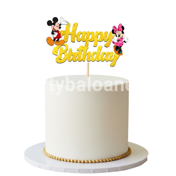 Topper Tort Mickey si Minnie Mouse Happy Birthday (Auriu) 14x9 cm Un topper decorativ din carton premium pentru tort cu tematica Disney. Topperul prezinta mesajul Happy Birthday realizat cu efect de sclipici auriu intens. In stanga textului este Mickey Mouse