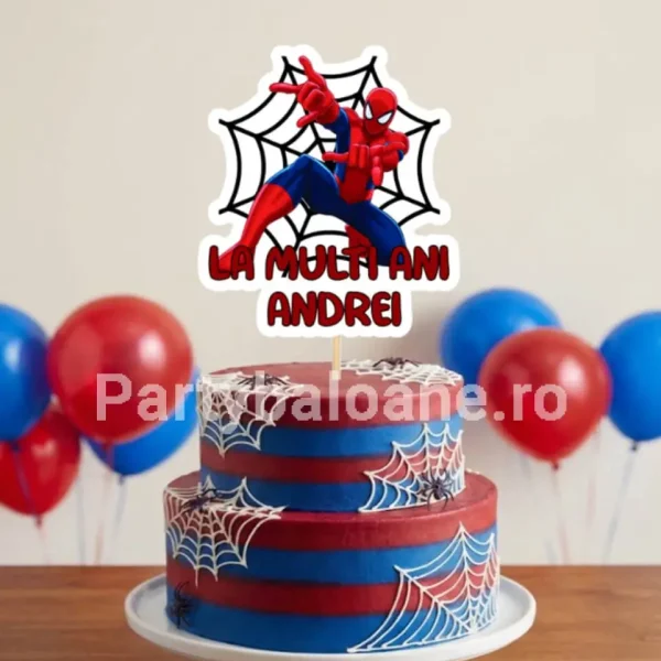 Topper Tort Personalizat Spiderman – Decor Aniversar cu Nume și Vârstă Topper tort personalizat cu Spiderman si mesaj La Multi Ani cu nume pentru aniversare baieti