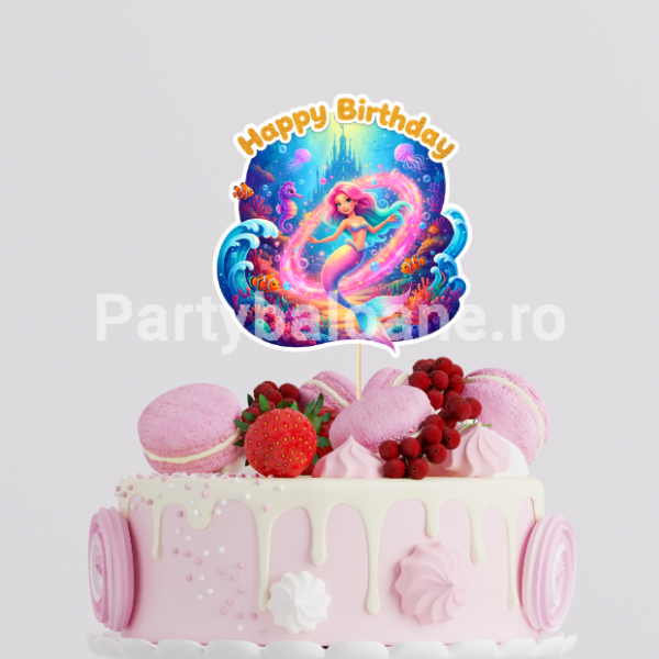 Topper Tort Sirena si Ocean Happy Birthday (Carton) 13.5 cm Un topper decorativ din carton premium pentru tortul fetitelor