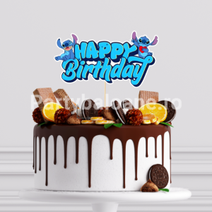 Topper Tort Stitch Happy Birthday (Carton) 14x10 cm Un topper decorativ din carton pentru tort cu tematica Disney Lilo si Stitch. Topperul are mesajul Happy Birthday scris cu albastru vibrant