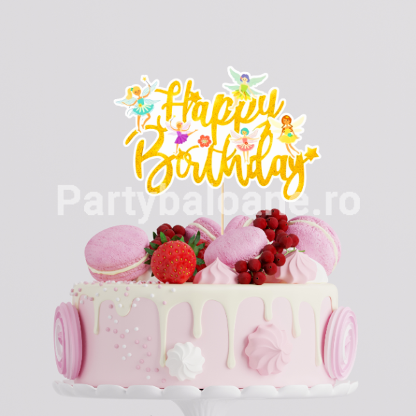 Topper Tort Zane si Flori Happy Birthday (Auriu Glitter) 14x10 cm Un topper decorativ din carton premium pentru tortul fetitelor