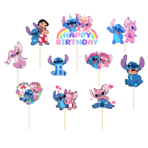 Toppere Tort Stitch si Lilo (Set 10 buc) - Decoratiuni Petrecere Disney Set 10 toppere tort Stitch si Lilo cu Angel si mesaj Happy Birthday pentru decoratiuni petrecere copii