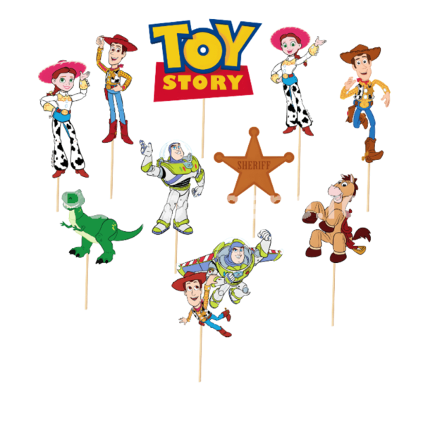 Toppere Tort Toy Story (Set 10 buc) - Decorațiuni Aniversare Woody & Buzz Set 10 toppere tort Toy Story cu Woody Buzz Jessie si personaje pentru decoratiuni petrecere copii