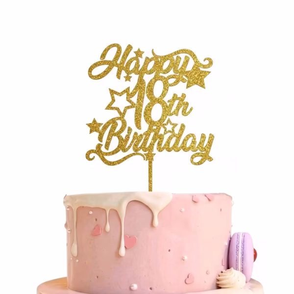 Topper pentru tort decupat din carton glitter auriu cu textul Happy 18th Birthday decorat cu stelute stralucitoare