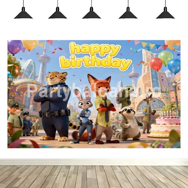 Fundal Foto Zootopia Fundal foto textil aniversare tematica Zootopia (Zootropolis) cu personajele Judy Hopps și Nick Wilde și textul Happy Birthday.